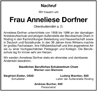 Nachruf Frau Anneliese Dorfner