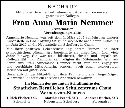 Nachruf für unsere liebe Kollegin Annemarie, Herrn Anton Spandl und Herrn Karl Hiebl
