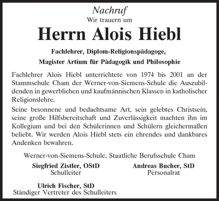 Nachruf für Alois Hiebl