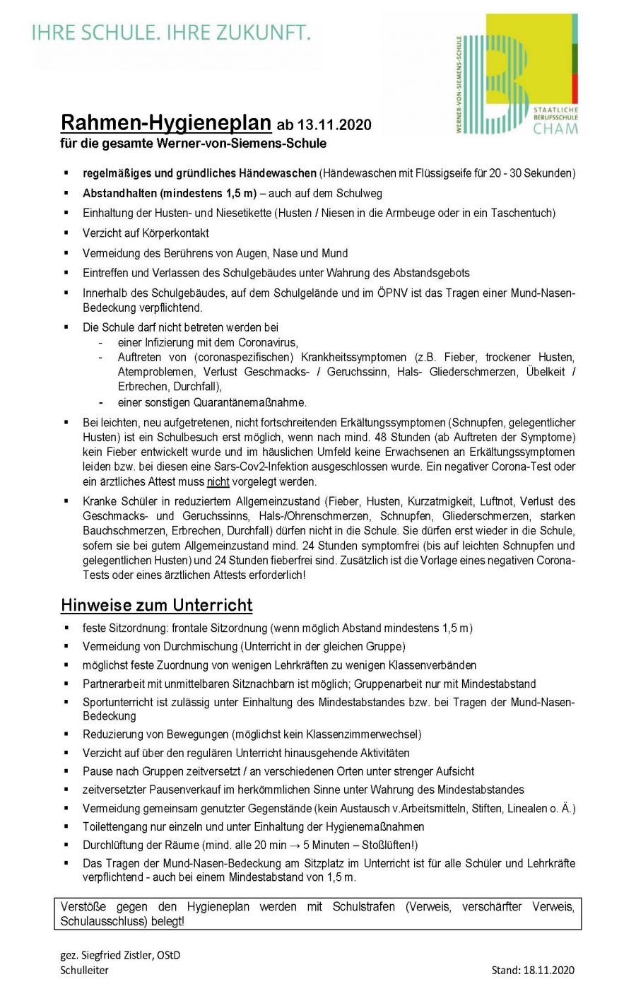 Neuer Hygieneplan ab 13.11.2020