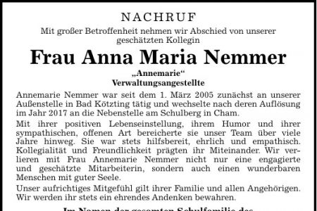 Nachruf für unsere liebe Kollegin Annemarie, Herrn Anton Spandl und Herrn Karl Hiebl