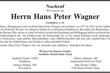 Wir trauern um unseren Kollegen Hans Peter Wagner
