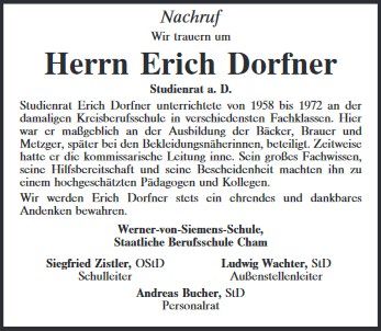 Nachruf auf Erich Dorfner - ehemaliger kommissarischer Leiter der Kreisberufsschule in Roding!