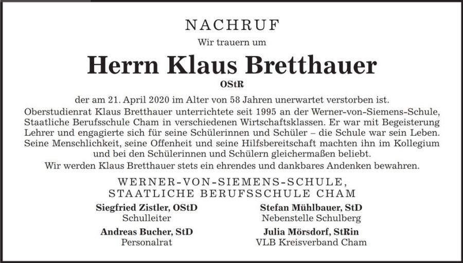 Nachruf Klaus Bretthauer