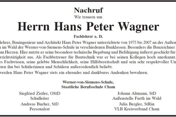 Wir trauern um unseren Kollegen Hans Peter Wagner