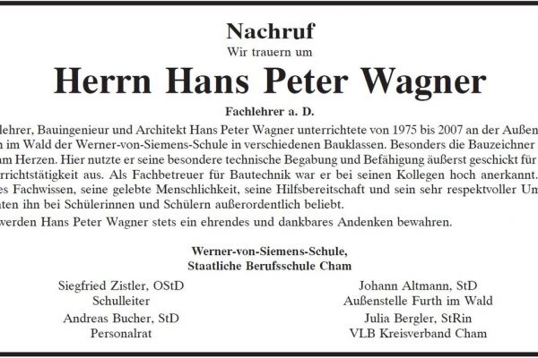 Wir trauern um unseren Kollegen Hans Peter Wagner