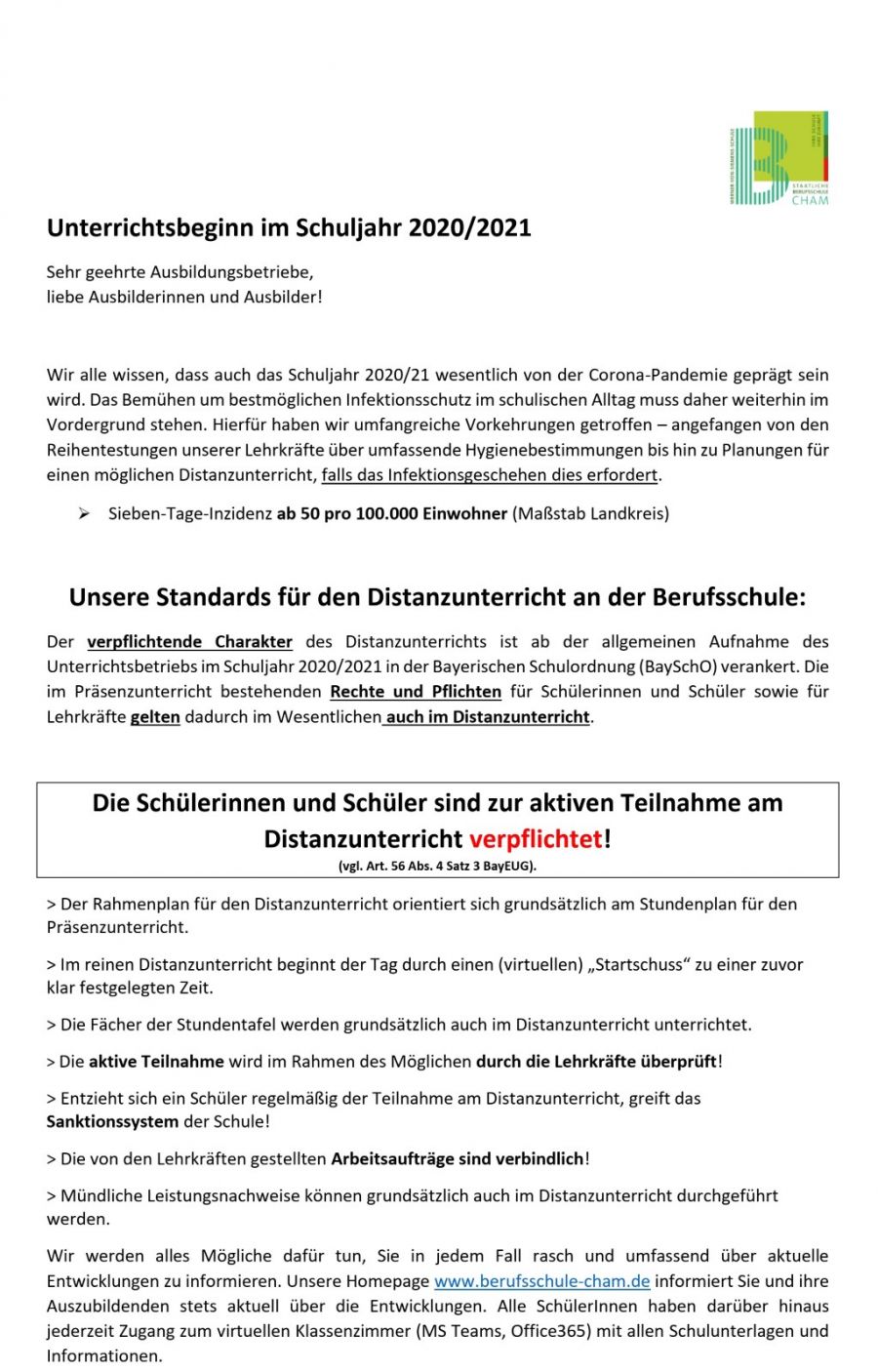Unterrichtsbeginn im Schuljahr 2020/2021