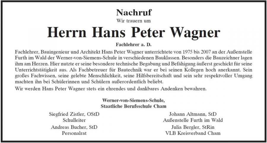 Wir trauern um unseren Kollegen Hans Peter Wagner