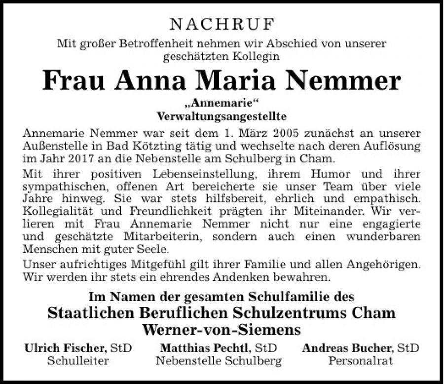 Nachruf für unsere liebe Kollegin Annemarie, Herrn Anton Spandl und Herrn Karl Hiebl